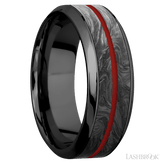 8 mm wide/High Bevel/Zirconium band featuring inlays of Forged Carbon Fiber and USMC Red